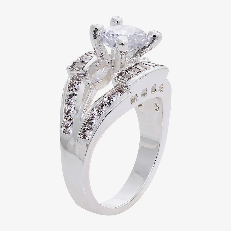Sparkle Allure Split Shank Womens Cubic Zirconia Pure Silver Over Brass Round Engagement Ring