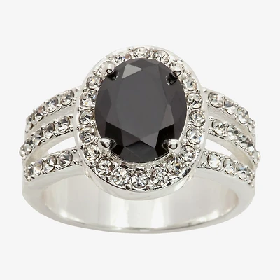 Sparkle Allure Split Shank Womens Black Crystal Pure Silver Over Brass Oval Halo Cocktail Ring