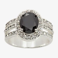 Sparkle Allure Split Shank Womens Black Crystal Pure Silver Over Brass Oval Halo Cocktail Ring