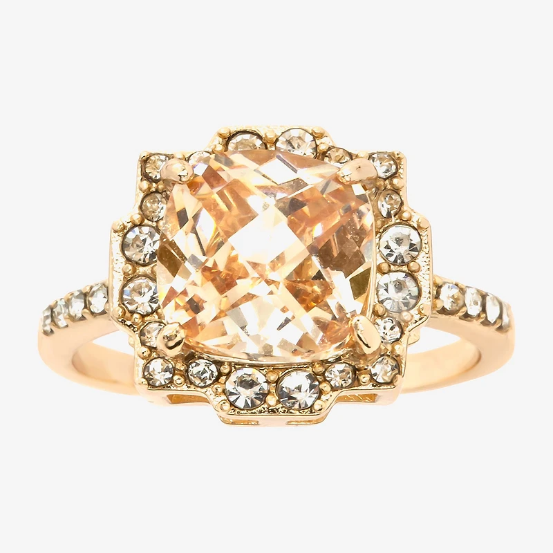 Sparkle Allure Womens Champagne Crystal 14K Gold Over Brass Cushion Halo Cocktail Ring