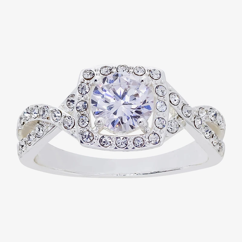 Sparkle Allure Twisted Split Shank Womens Cubic Zirconia Pure Silver Over Brass Round Halo Engagement Ring
