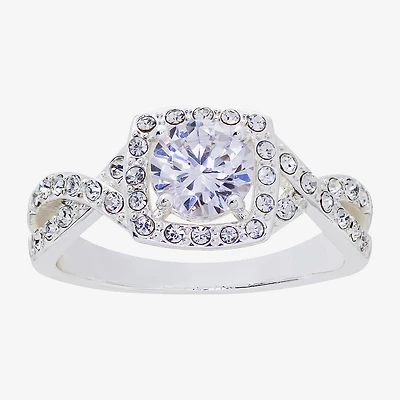 Sparkle Allure Twisted Split Shank Womens Cubic Zirconia Pure Silver Over Brass Round Halo Engagement Ring