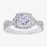 Sparkle Allure Twisted Split Shank Womens Cubic Zirconia Pure Silver Over Brass Round Halo Engagement Ring