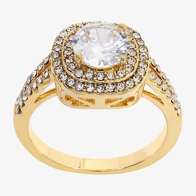 Sparkle Allure Split Shank Womens Cubic Zirconia 14K Gold Over Brass Round Halo Cocktail Ring