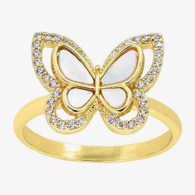 Sparkle Allure Womens White Mother Of Pearl 14K Gold Over Brass Butterfly Halo Cocktail Ring