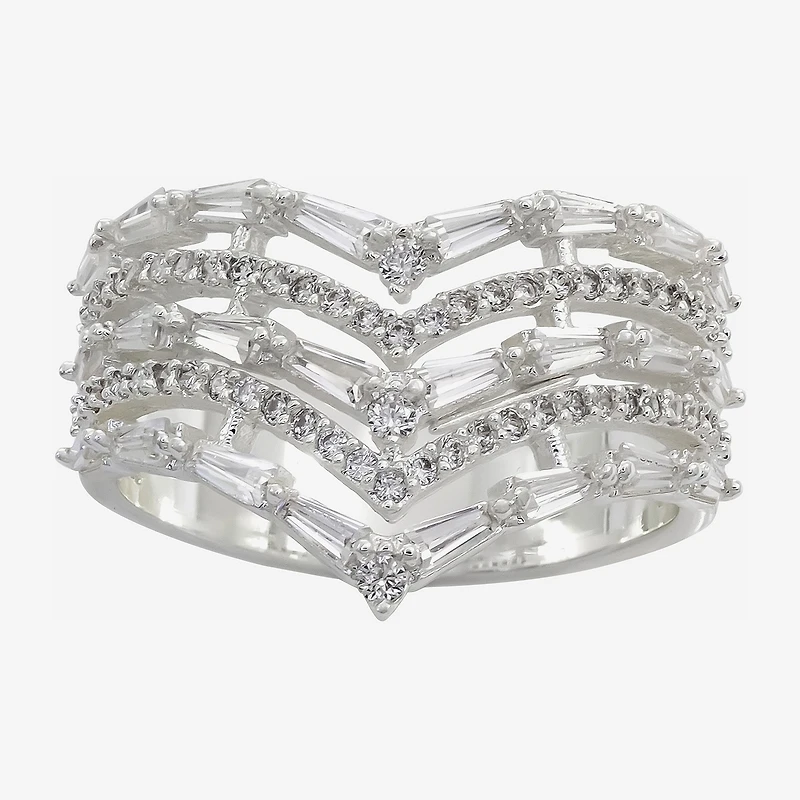 Sparkle Allure Faux Stacked Womens Cubic Zirconia Pure Silver Over Brass Chevron Cocktail Ring