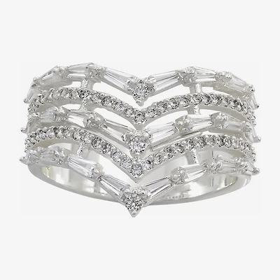 Sparkle Allure Faux Stacked Womens Cubic Zirconia Pure Silver Over Brass Chevron Cocktail Ring
