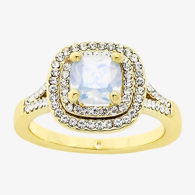 Sparkle Allure Split Shank Womens White Cubic Zirconia 14K Gold Over Brass Cushion Halo Cocktail Ring