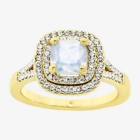 Sparkle Allure Split Shank Womens White Cubic Zirconia 14K Gold Over Brass Cushion Halo Cocktail Ring