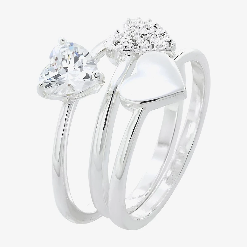 Sparkle Allure Womens Cubic Zirconia Pure Silver Over Brass Heart Delicate Solitaire Ring Set