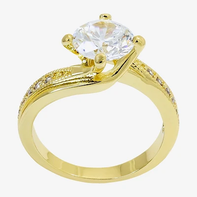 Sparkle Allure Solitaire Bypass Womens Cubic Zirconia 14K Gold Over Brass Round  Engagement Ring