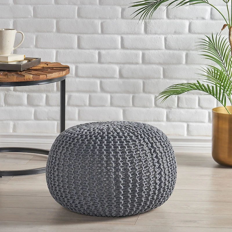 Nahunta Modern Knitted Cotton Pouf Ottoman