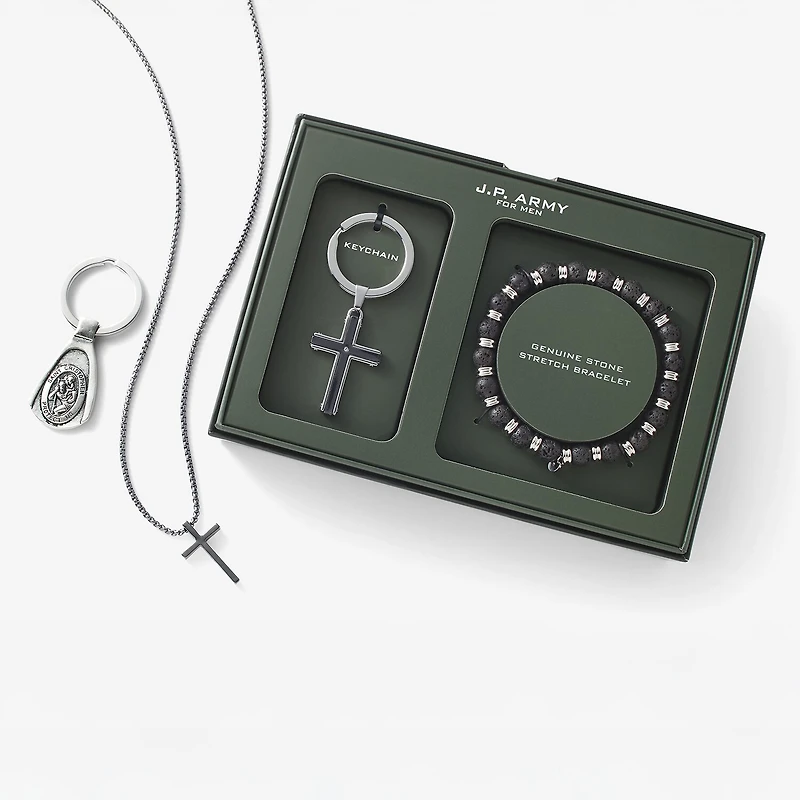 J.P. Army Pendant Necklace & St Christopher Keychain Mens Stainless Steel Cross 2-pc. Jewelry Set