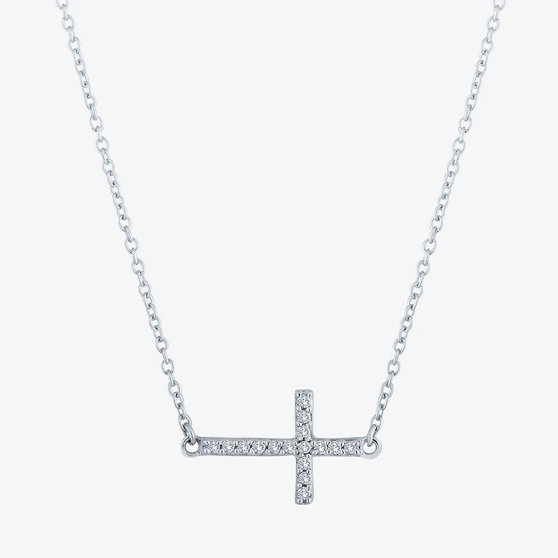 (G-H / Si2-I1) Sideways Womens 1/10 CT. T.W. Lab Grown White Diamond Sterling Silver Cross 18 Inch Pendant Necklace