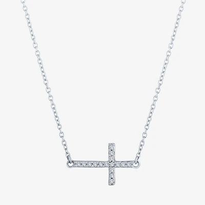 (G-H / Si2-I1) Sideways Womens 1/10 CT. T.W. Lab Grown White Diamond Sterling Silver Cross 18 Inch Pendant Necklace