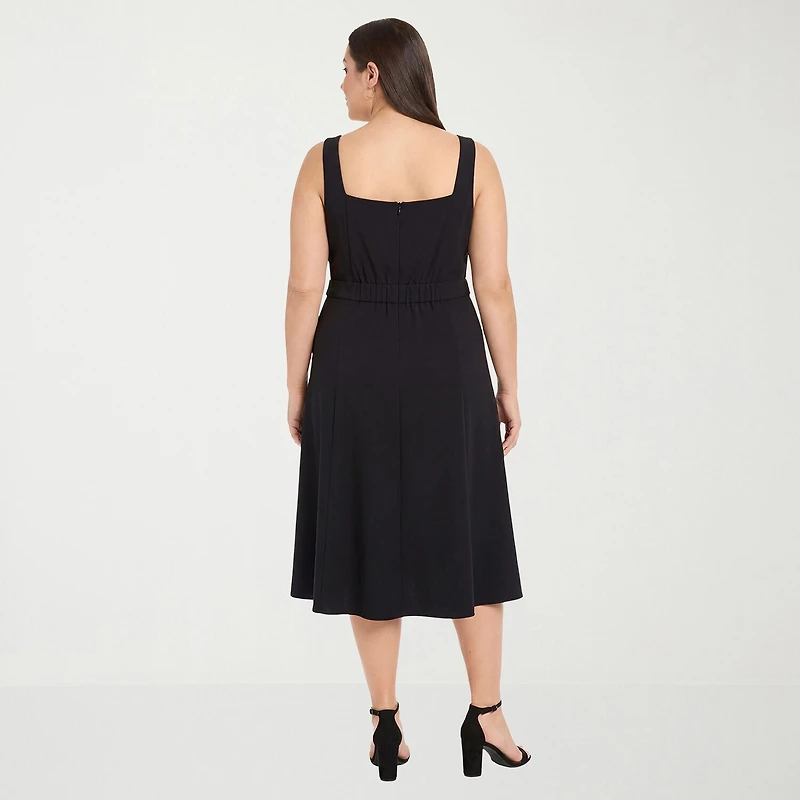 London Times Womens Plus Square Neck Sleeveless Fit + Flare Dress