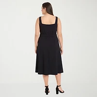 London Times Womens Plus Square Neck Sleeveless Fit + Flare Dress