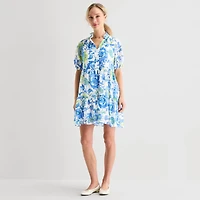 MSK Womens Midi V Neck Short Sleeve Floral Fit + Flare Dress