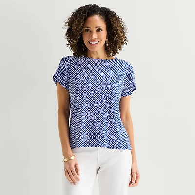 Liz Claiborne Womens Tall Boat Neck Short Sleeve Blouse