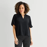 Liz Claiborne Womens Tall Split Crew Neck Short Sleeve Satin Blouse