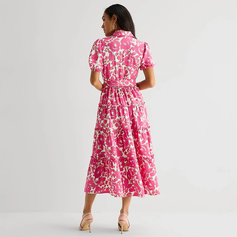 Danny & Nicole Womens Midi Short Sleeve Puffed Floral Fit + Flare Dress