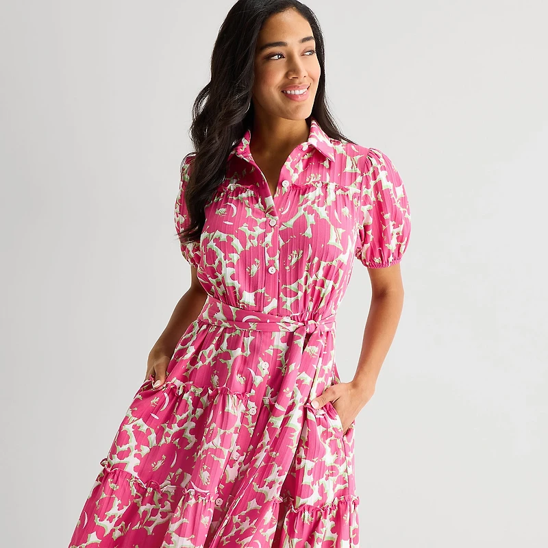 Danny & Nicole Womens Midi Short Sleeve Puffed Floral Fit + Flare Dress