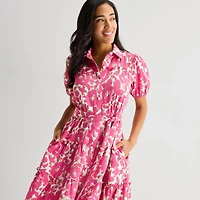 Danny & Nicole Womens Midi Short Sleeve Puffed Floral Fit + Flare Dress