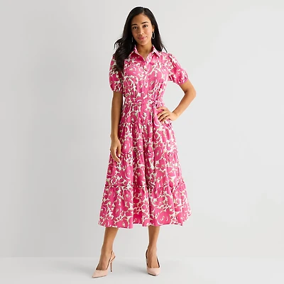 Danny & Nicole Womens Midi Short Sleeve Puffed Floral Fit + Flare Dress