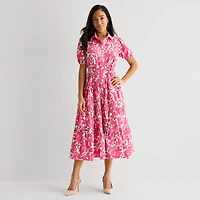 Danny & Nicole Womens Midi Short Sleeve Puffed Floral Fit + Flare Dress