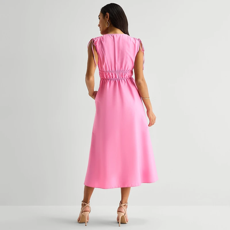 Melonie T Womens Midi V Neck Sleeveless Fit + Flare Dress