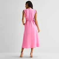 Melonie T Womens Midi V Neck Sleeveless Fit + Flare Dress
