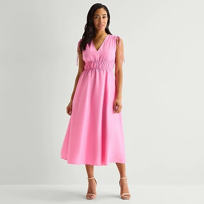 Melonie T Womens Midi V Neck Sleeveless Fit + Flare Dress
