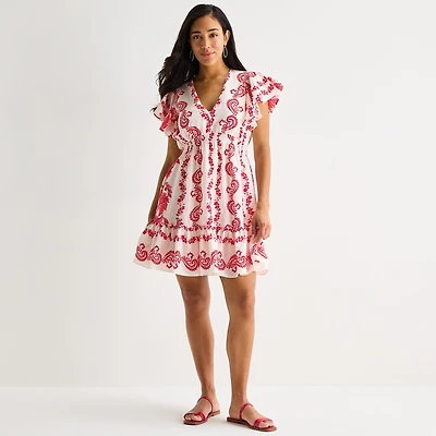 Danny & Nicole Womens V Neck Short Sleeve Ruffled Paisley Fit + Flare Dress