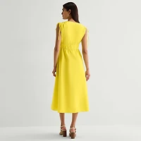 Melonie T Womens Midi V Neck Sleeveless Fit + Flare Dress