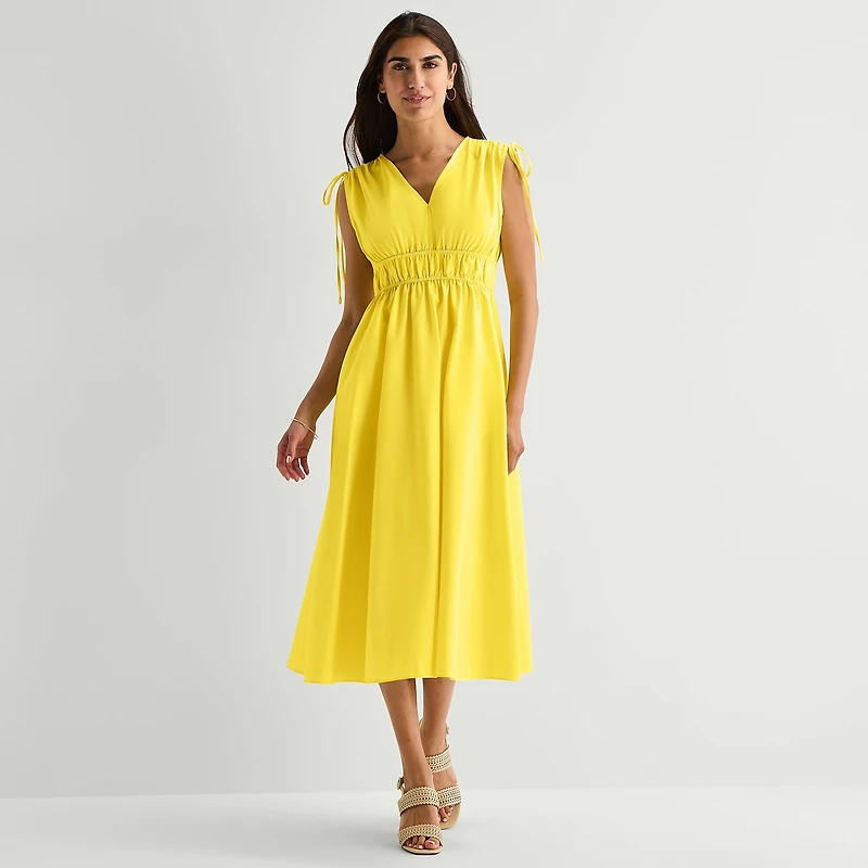 Melonie T Womens Midi V Neck Sleeveless Fit + Flare Dress
