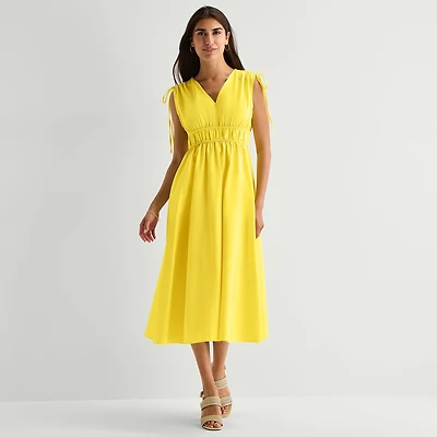 Melonie T Womens Midi V Neck Sleeveless Fit + Flare Dress