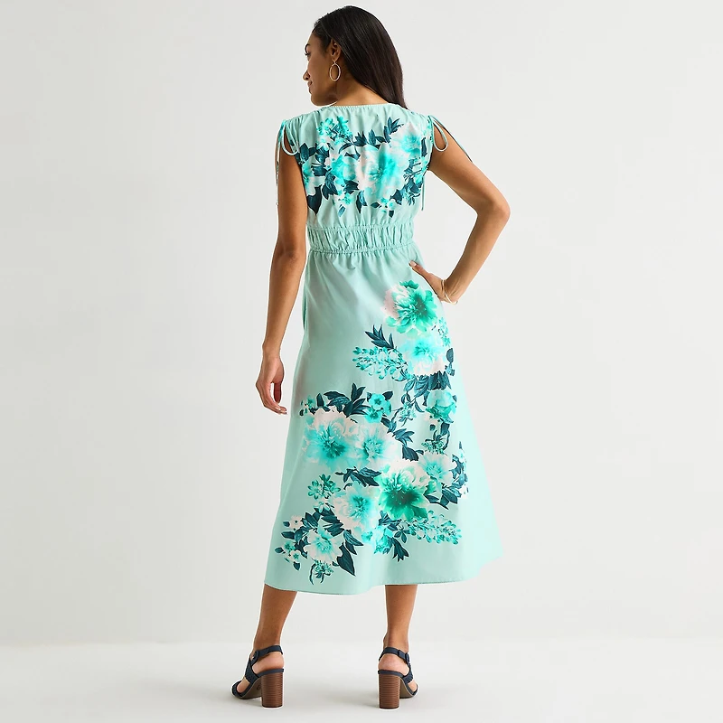 Melonie T Womens Midi V Neck Sleeveless Floral Fit + Flare Dress