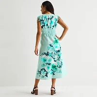 Melonie T Womens Midi V Neck Sleeveless Floral Fit + Flare Dress