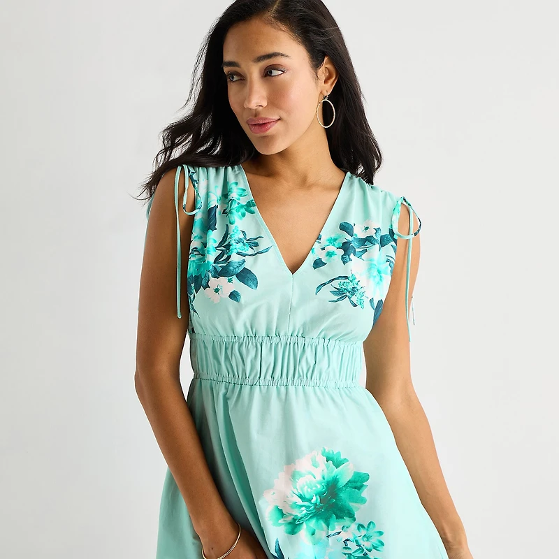 Melonie T Womens Midi V Neck Sleeveless Floral Fit + Flare Dress