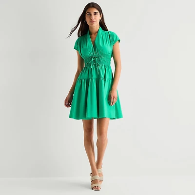 Danny & Nicole Womens V Neck Short Sleeve Fit + Flare Dress
