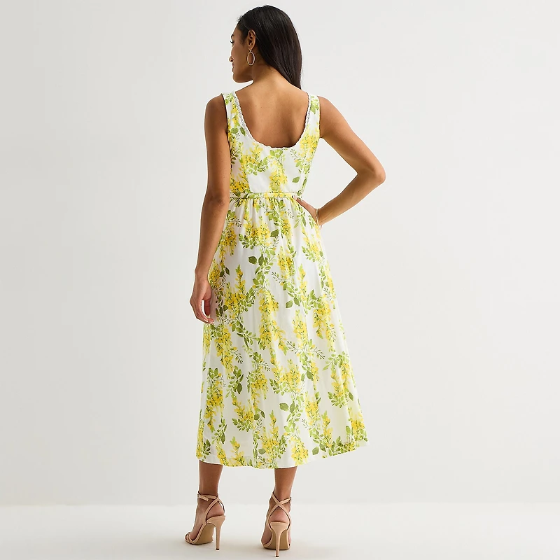 Melonie T Womens Midi U Neck Sleeveless Floral Fit + Flare Dress