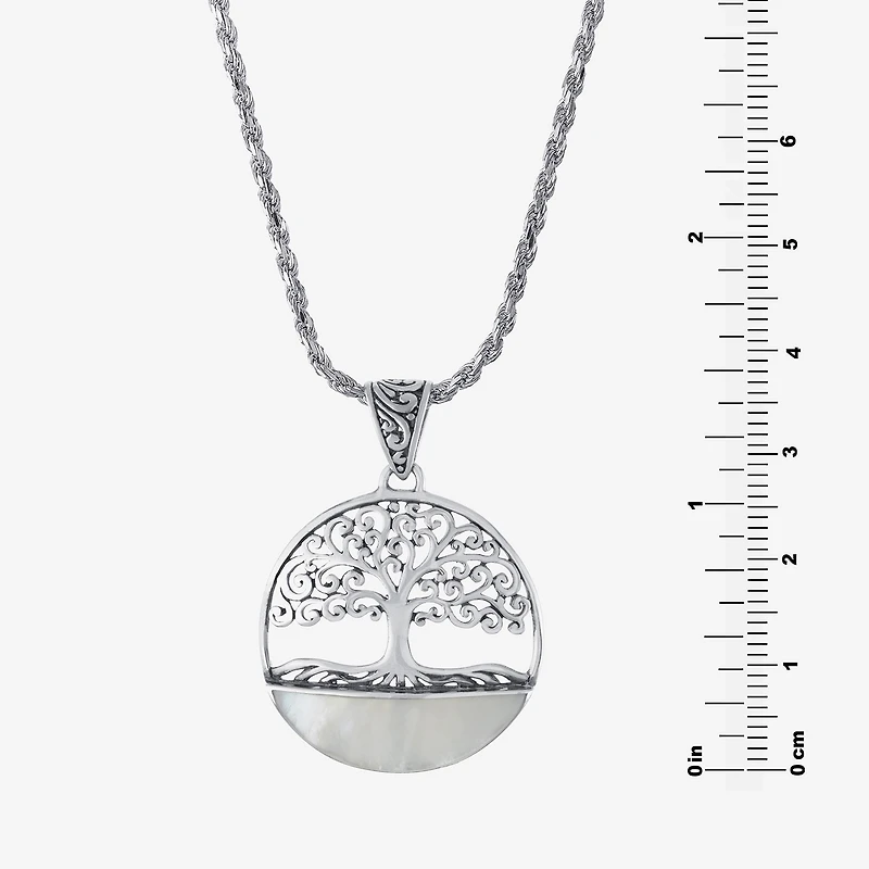 Tree Of Life Womens White Mother Of Pearl Sterling Silver Round 16 Inch Pendant Necklace