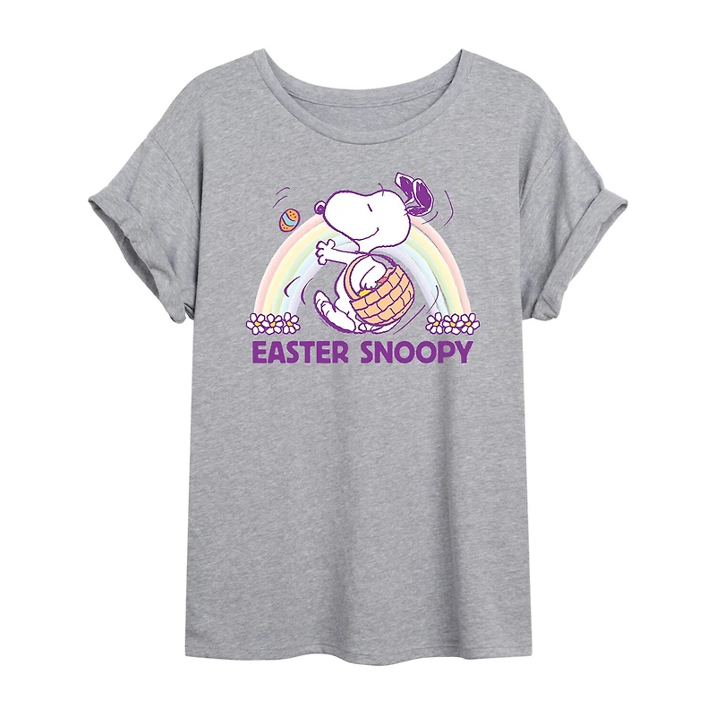Womens Juniors Scoop Neck Short Sleeve Oversized Peanuts Snoopy Graphic T-Shirt