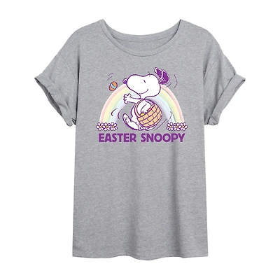Womens Juniors Scoop Neck Short Sleeve Oversized Peanuts Snoopy Graphic T-Shirt