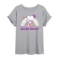 Womens Juniors Scoop Neck Short Sleeve Oversized Peanuts Snoopy Graphic T-Shirt