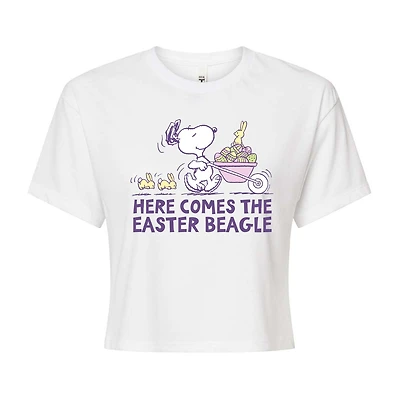 Easter Beagle Cropped Womens Juniors Crew Neck Short Sleeve Boxy Fit Peanuts Snoopy Graphic T-Shirt
