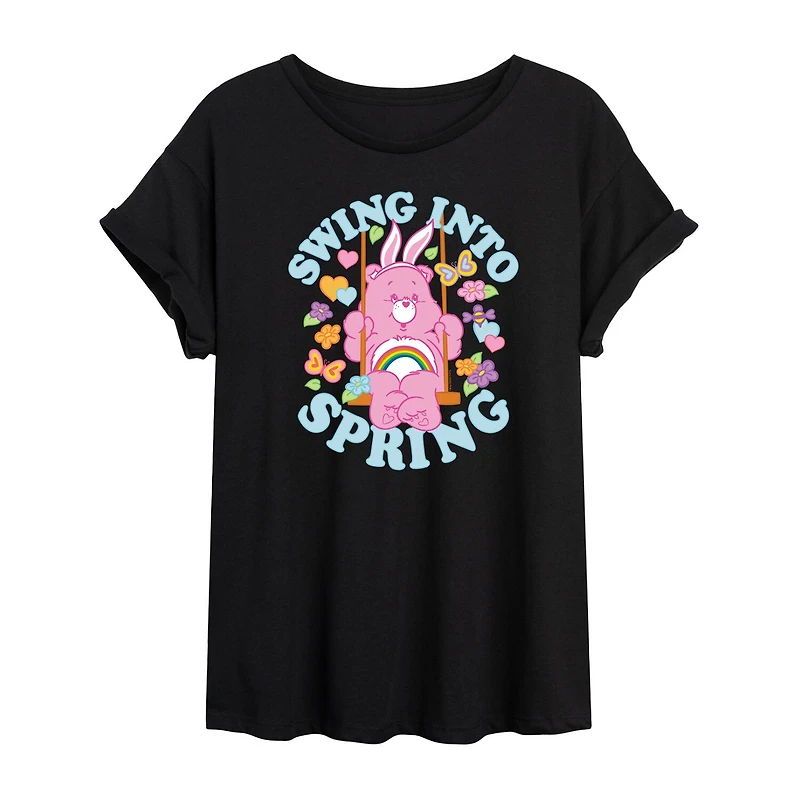 Swing Into Spring Womens Juniors Round Neck Short Sleeve Oversized Care Bears Graphic T-Shirt