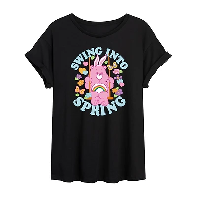 Swing Into Spring Womens Juniors Round Neck Short Sleeve Oversized Care Bears Graphic T-Shirt