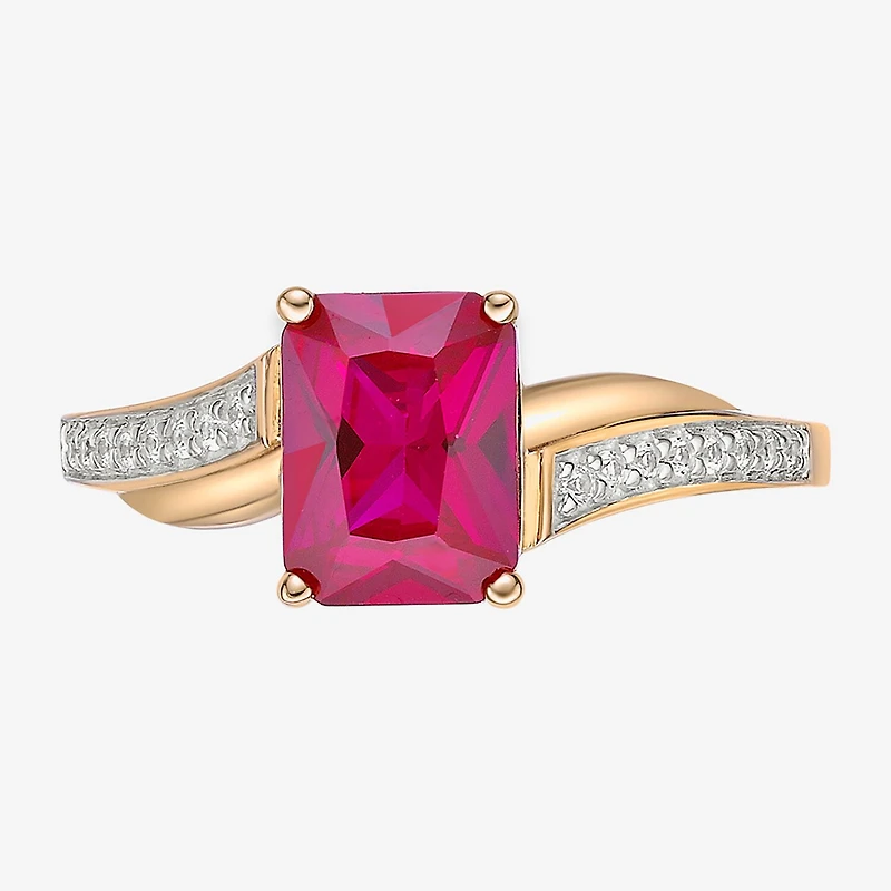 Womens Diamond Accent Lab Created Red Ruby 18K Gold Over Silver Side Stone Cocktail Ring