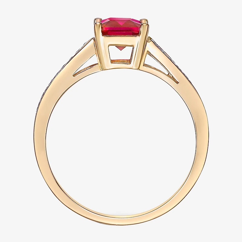 Womens Diamond Accent Lab Created Red Ruby 18K Gold Over Silver Side Stone Cocktail Ring